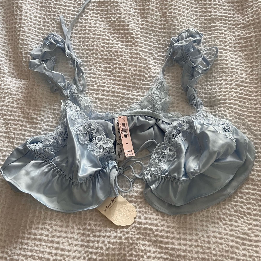 For Love & Lemons Light Blue Satin Lace Bralette